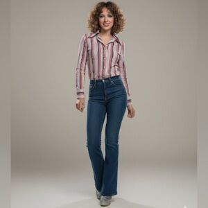 Vintage 70s Sears Perma Prest Striped Disco Shirt – Red White Blue Size 10 Small
